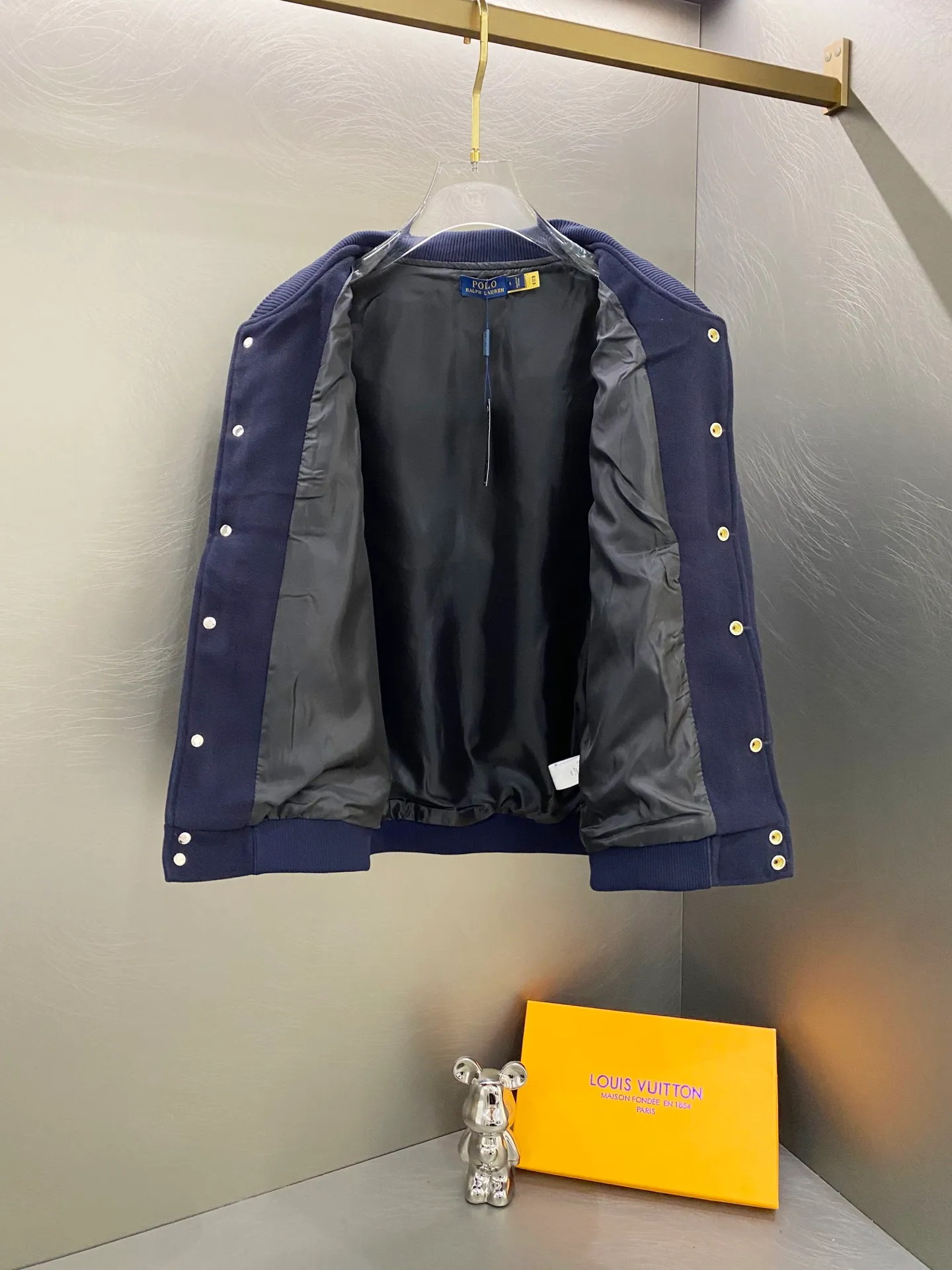 P300 Ralph Lauren Pony Embroidered American Retro Wool Spliced ​​Leather Baseball Jacket with Big Logo on the Back Color: Navy Size: m-XL
